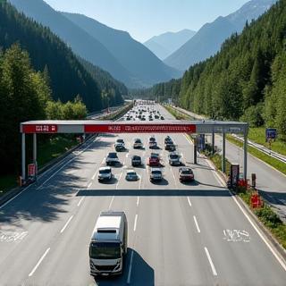 Vehicles crossing the Swiss border with visible toll booths