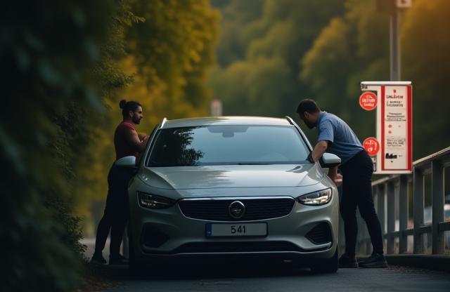 Car being helped at a Swiss vignette information point