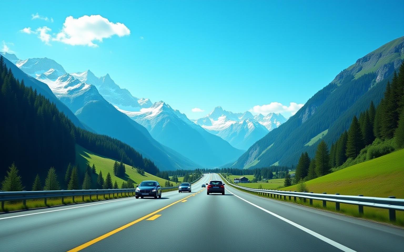 Swiss highway with cars and snow mountains in bright daylight